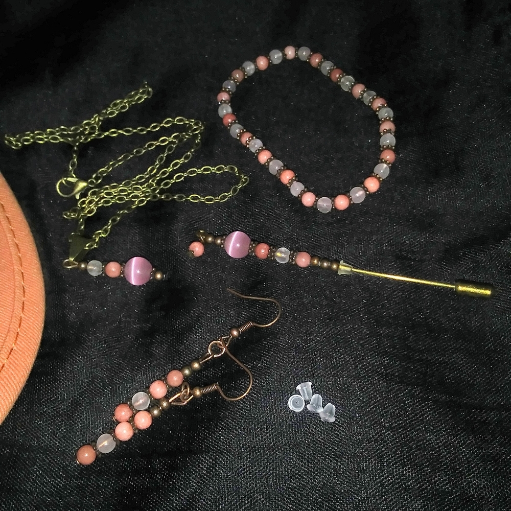 Cap with matching capband, cap-pin / coat, necklace, earrings, stretch bracelet